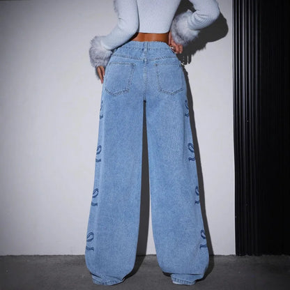 Wide Leg Pants Women Bow Print Jeans High Waist Washed Distressed Straight Trousers Vintage Denims Floor Length Streetwear
