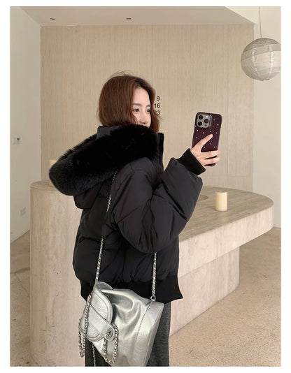Casual Warm Fur Hooded Cropped Parkas Chic Streetwear Korean Style Down Cotton Coat Thicken Short Women's Winter 2025 Jacket