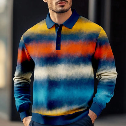 2025 Fashion Men's Stripe Gradient Long Sleeve Polo Shirt Breathable Casual Tops Slim Fit Quick Drying Classic Collar Polo Shirt