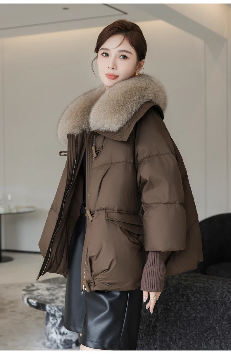 2025 Down Cotton Short Padded Jacket Women Parkas Fur Collar Autumn Winter Thick Coats Female Black Casual Outerwear Clothes