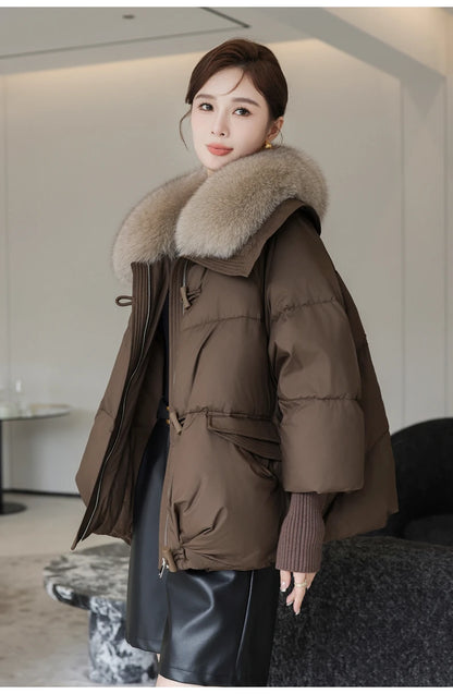 2025 Down Cotton Short Padded Jacket Women Parkas Fur Collar Autumn Winter Thick Coats Female Black Casual Outerwear Clothes