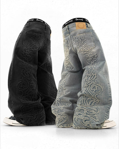 Streetwear American Vintage Jeans Y2K Clothing Men Women Hip Hop Letter Embroidery Washed Baggy Jeans Mid Rise Wide Leg Trousers