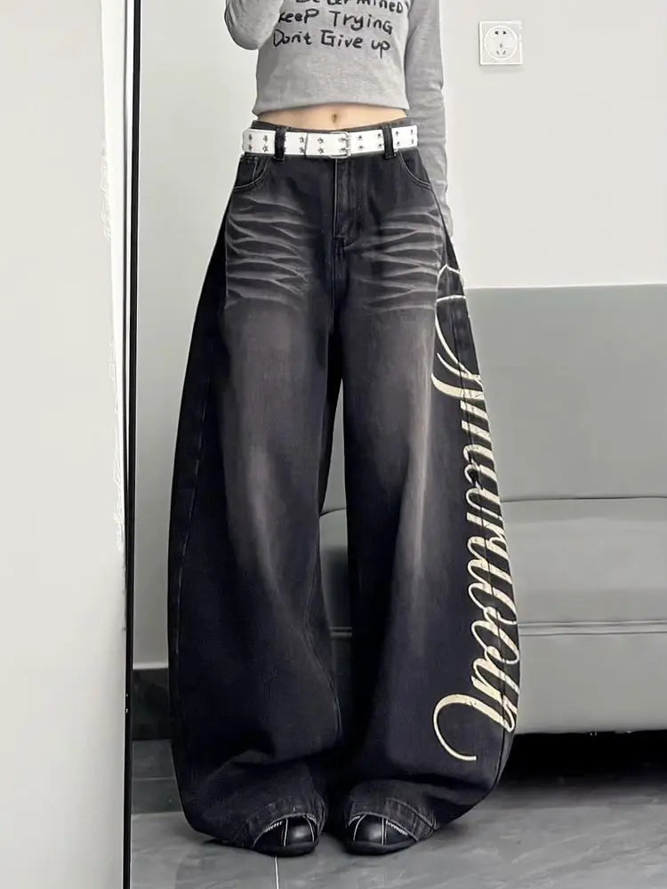American New Fashion Oversized Letter Printing Black Washed Jeans Ladies Y2K Popular Casual Joker Loose Wide-leg Mop Pants