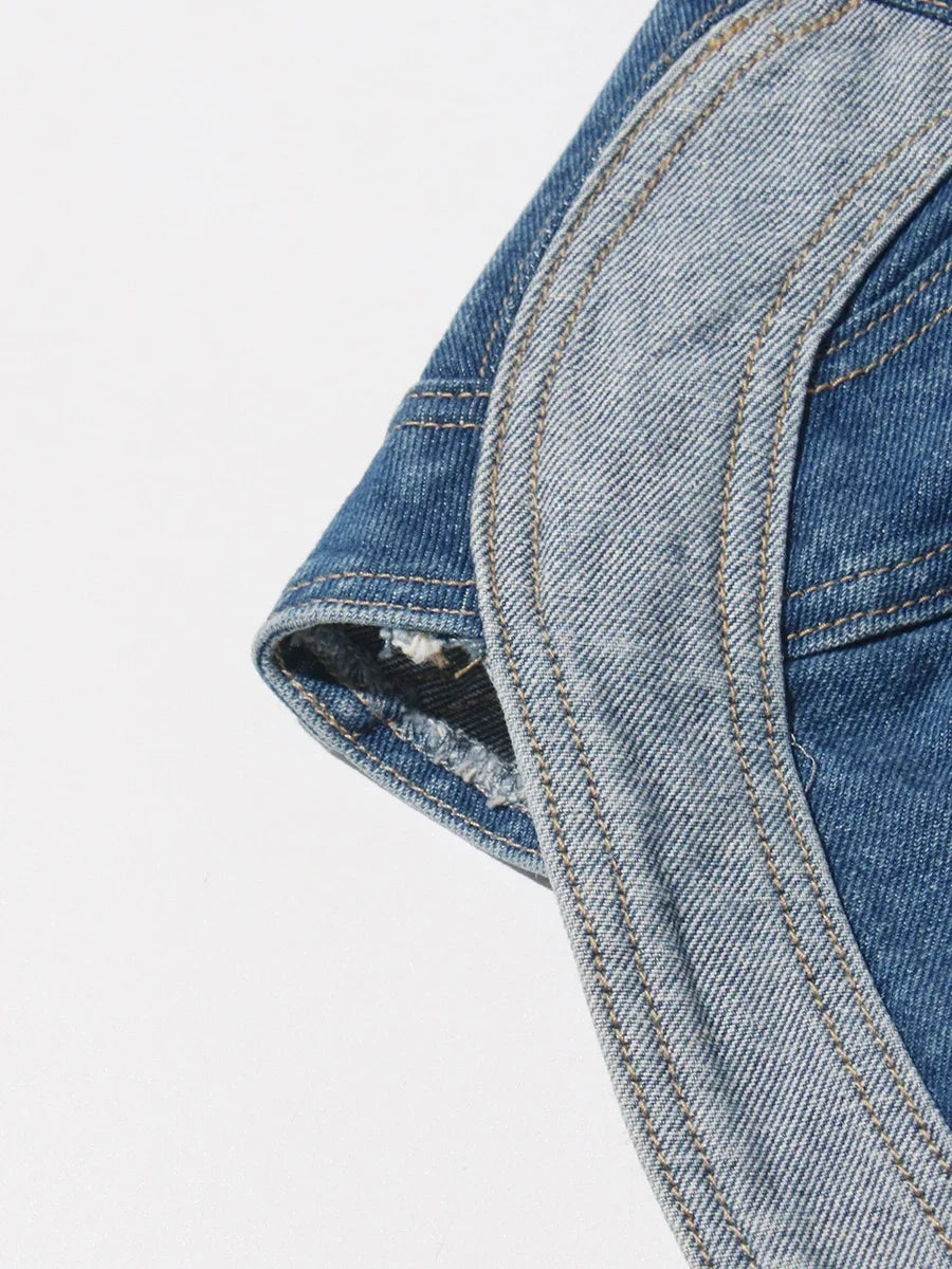 TWOTWINSTYLE Soild Two Piece Sets for Women Straplelss Sleeveless Vest High Wiast Patchwork Hollow Out Jeans Elegant Set Female