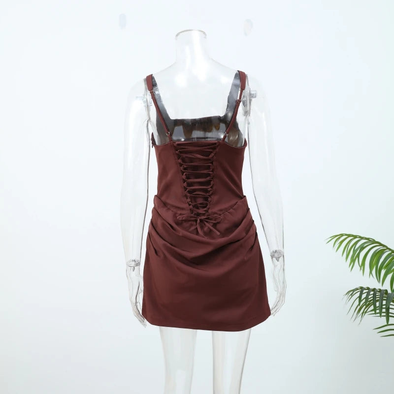 Sexy Backless Ruched Mini Dress Women Elegant Tapered Straps Square Collar Sleeveless High Waist Dresses 2025 Lady Party Gown