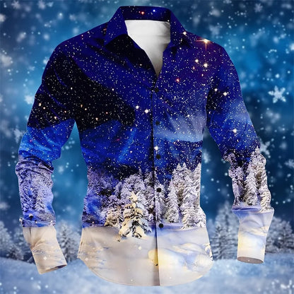 2025 Christmas Men's Christmas Scene Printed Shirt Snowflake Casual Fashion Lapel Button Long Sleeve Party Autumn Shirt XS-6XL