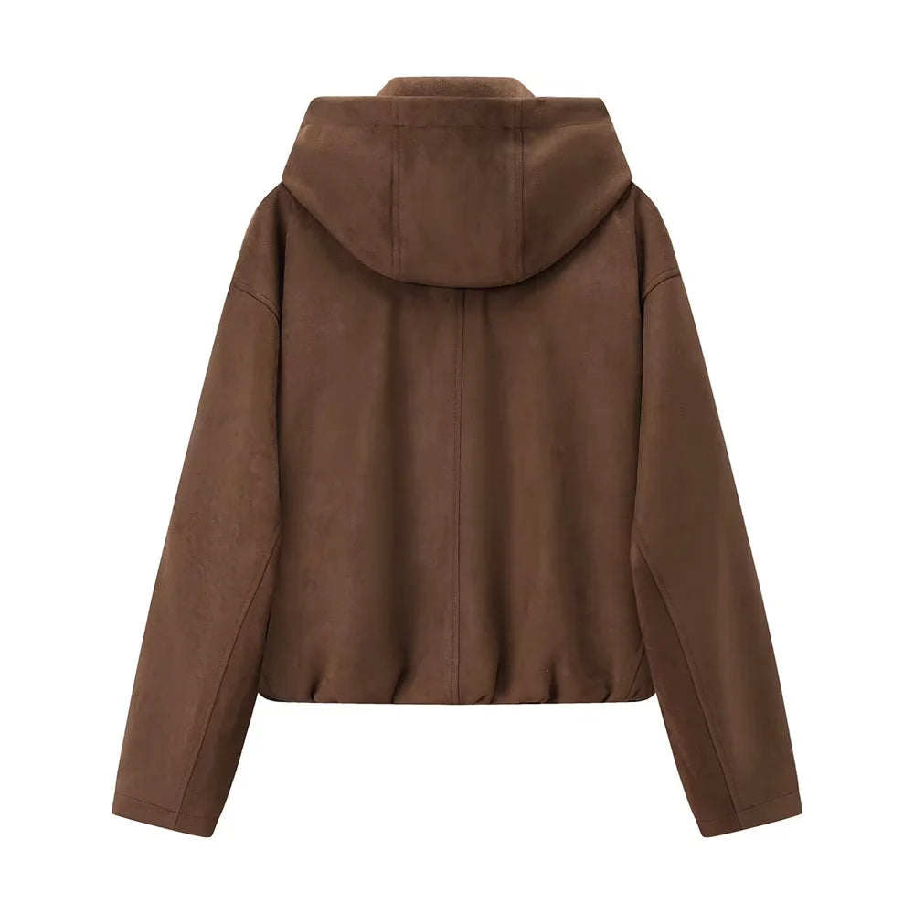 New autumn and winter women's casual loose suede texture effect hooded long sleeved solid color pilot jacket jacket