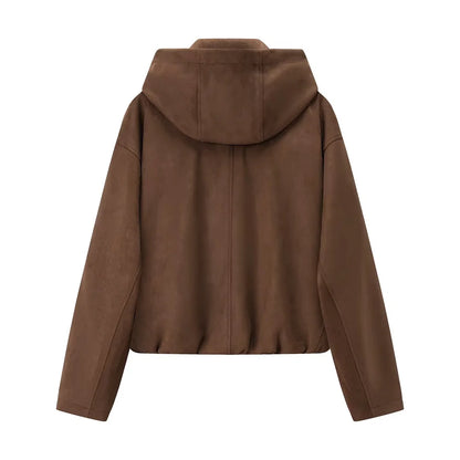 New autumn and winter women's casual loose suede texture effect hooded long sleeved solid color pilot jacket jacket