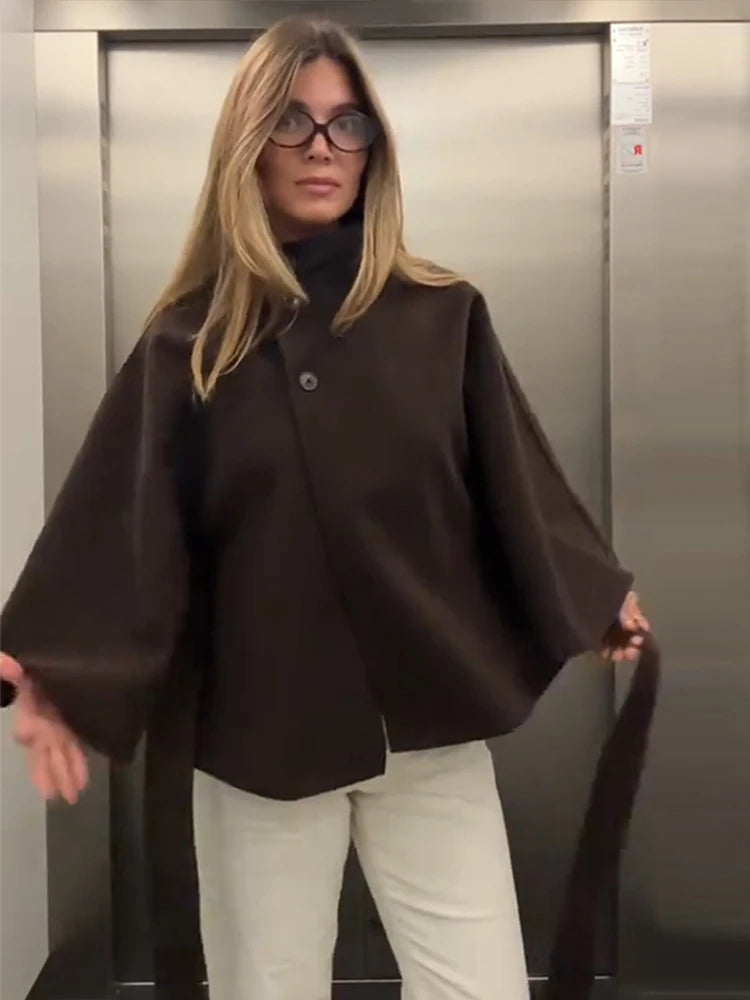 Elegant Fleece Women's Coats Solid Stand Long Sleeve Belted Lace-Up Button Jackets 2025 Autumn Winter Outerwear Female Tops