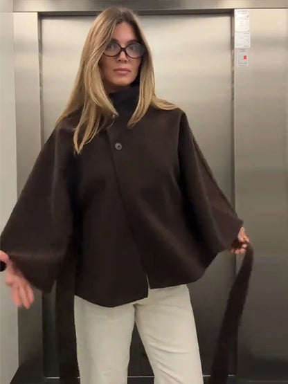 Elegant Fleece Women's Coats Solid Stand Long Sleeve Belted Lace-Up Button Jackets 2025 Autumn Winter Outerwear Female Tops