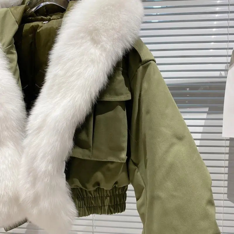 Big Fox Fur Collar Removable Rabbit Liner Short Coat Jacket for Women Winter Elastic Hem Hooded Jackets Wram Fashion Outwear
