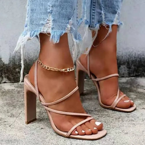 2025 Summer New Buckle Strap Open Toes Heel Shoes Thick Large Size Heels Sandals Square Head Minimalist Design Women's Shoes