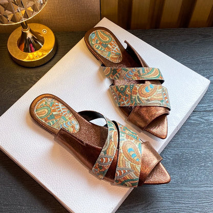 Women's sandals flat pointed Peep Toe slippers totem large size shoe snake pattern stone pattern sandals for women Flat slippers