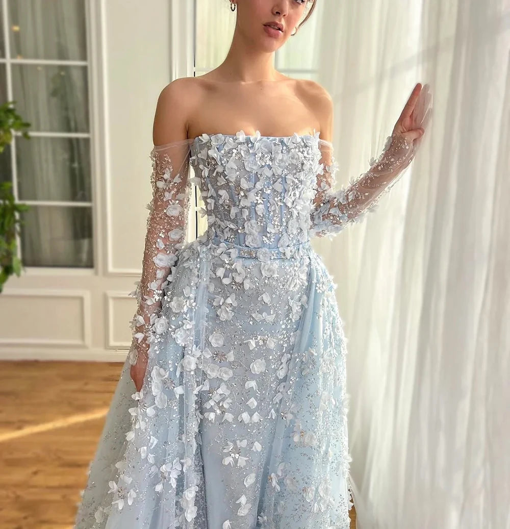 Elegant 3D Flower Evening Dress with Detachable Skirt 2025 & 2026 Luxury Mermaid Long Sleeves Formal Prom Wedding Party Gown Customized