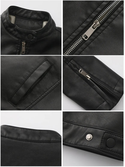 Black Women's Fitted Leather Jacket with Front Zipper & Side Pockets‌, Available in Brown, Navy Blue, and Beige.