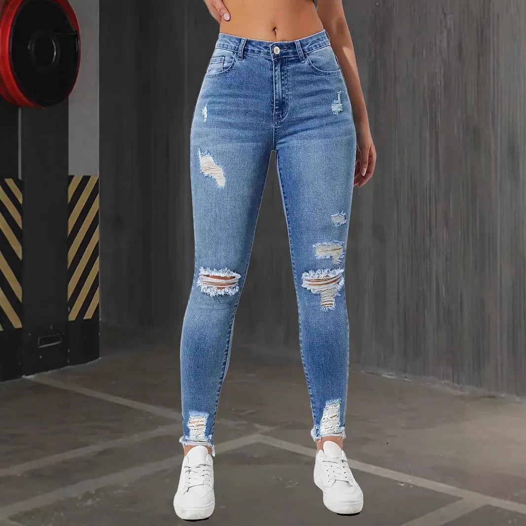 Fashion Skinny Hole Jeans Women 2026 Autumn Stretchy High Waisted Ripped Slim Retro Solid Color Denim Trousers Pants