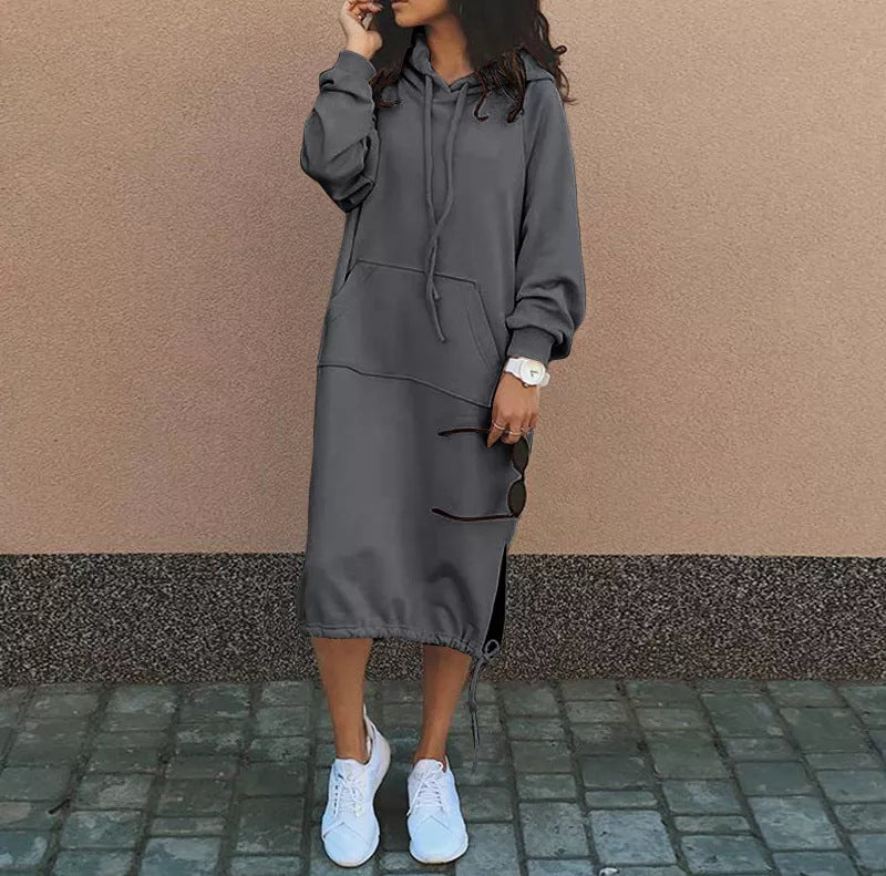 2023 Autumn and Winter Fashion New Women's Sweater Robe Large Hooded Elegant Pocket Split Warm Hoodie Long Dress