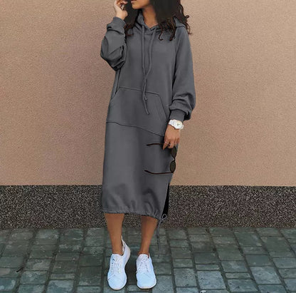 2023 Autumn and Winter Fashion New Women's Sweater Robe Large Hooded Elegant Pocket Split Warm Hoodie Long Dress