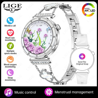 LIGE New Ultra Thin Smart Watch Women Screen Always Display Time Diamond Luxury Bracelet Voice Calling AMOLED Smartwatch Ladies