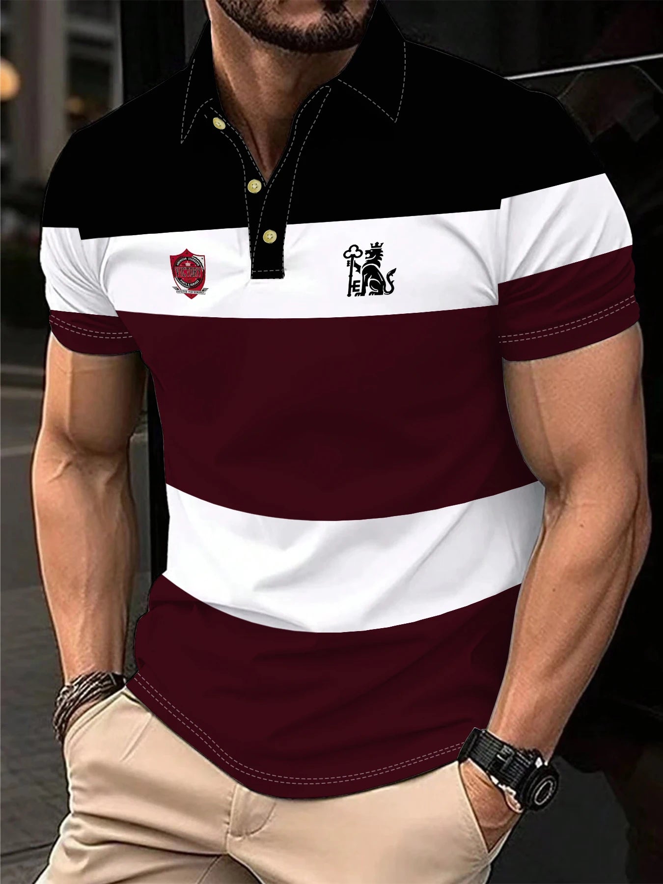 Men's Polo Shirt Summer Outdoor Casual Round Neck Short Sleeve Top Striped Printed Style OverSize T-shirt Loose Men's Clothing