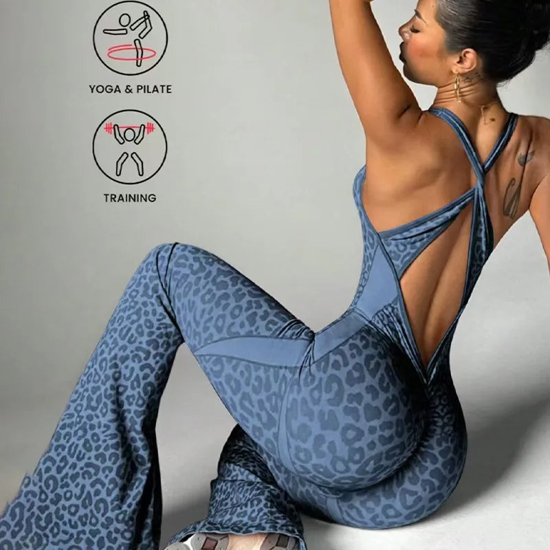 New Leopard Print Bodysuit Women Seamless Flared Pants Jumpsuits Sexy One-piece Fitness Suit Cross Back Stretchy Yoga Jumpsuits