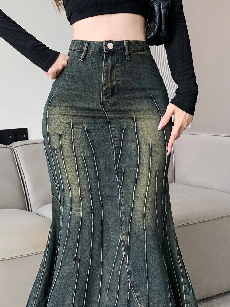 Vintage Ripped Women Mermaid Skirt 2026 New Fashion Y2K Streetwear Jeans Skirts Female Retro Casual Irregular Hip Skirts Denim