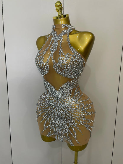 STOCK Sparkly Rhinestones Sexy Mesh See Through Dress Party Evening Prom Celebrate Birthday Dress Singer Dancer Show Stage Wear