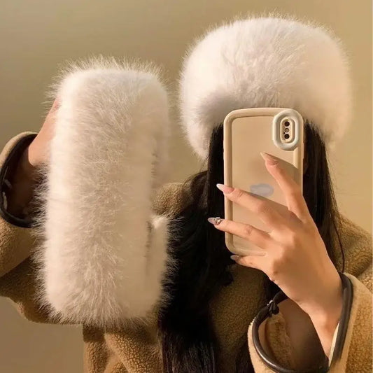 Winter Lmitation Fur Thickened Fluffy Headband Plush Solid Color Headwear Outdoor Windproof Ear Warmer Head Cover Ski Cap