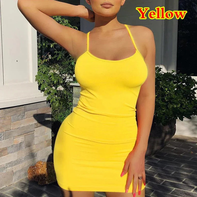 Summer Sexy Spaghetti Strap Camisole Backless Skirts Club Party Mini Dress Women Sleeveless Bodycon Sling Slim Wrap Hip Sundress