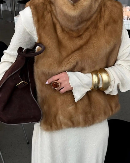 Casual Solid Faux Fur Vest Women Fashion Leisure Sleeveless High Collar Loose Waistcoat Lady Daily New Chic Highstreet Vests