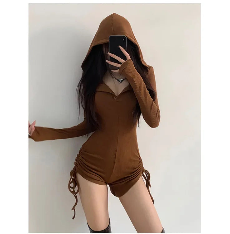 American Style Casual Hooded Jumpsuit Women's Slimming Fitness Clothes Tight High Waist Long Sleeve Yoga One-Piece Suit
