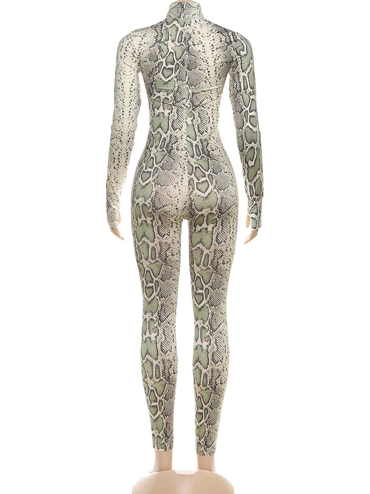 Sisterlinda Hollow Jumpsuit Woman Sexy Snake Print Cirque Full Sleeve Skinny Fitness Midnight Clubwear Party Coquette Overalls