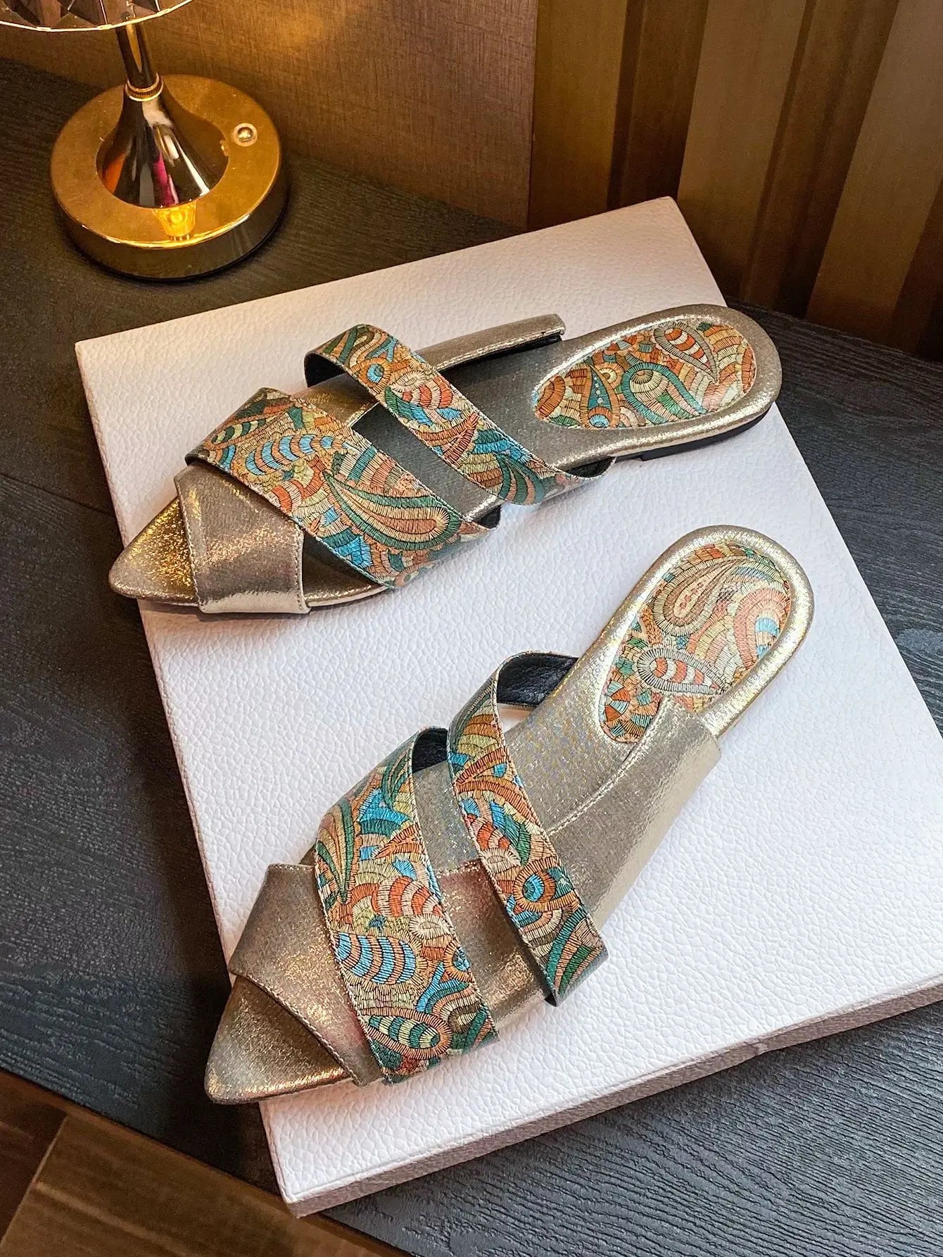 Women's sandals flat pointed Peep Toe slippers totem large size shoe snake pattern stone pattern sandals for women Flat slippers