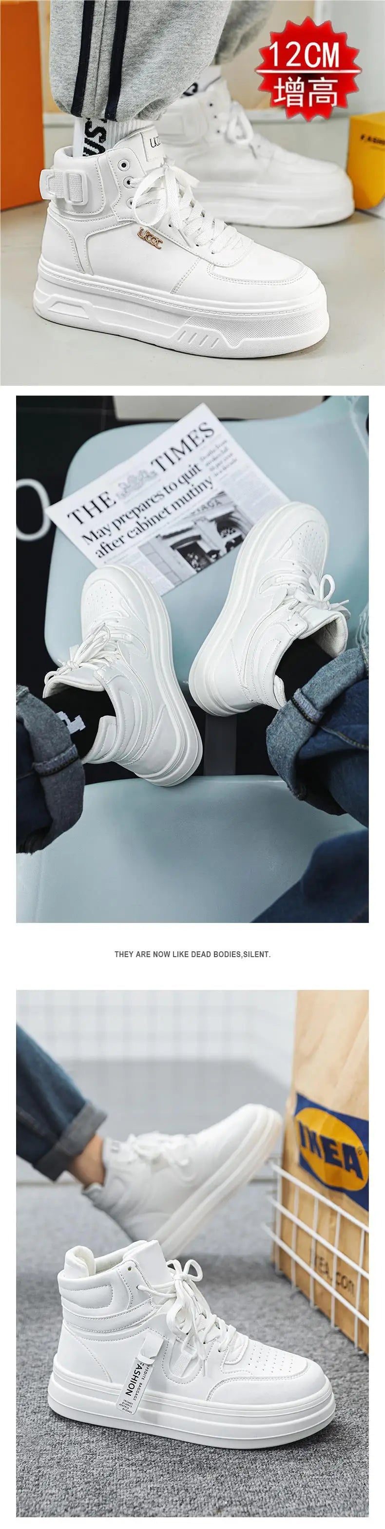 New Autumn/Winter Men's Casual Sneakers 12cm Increased Height 10cm Thick Sole White Shoes High Top Rubber Base Male Footwear