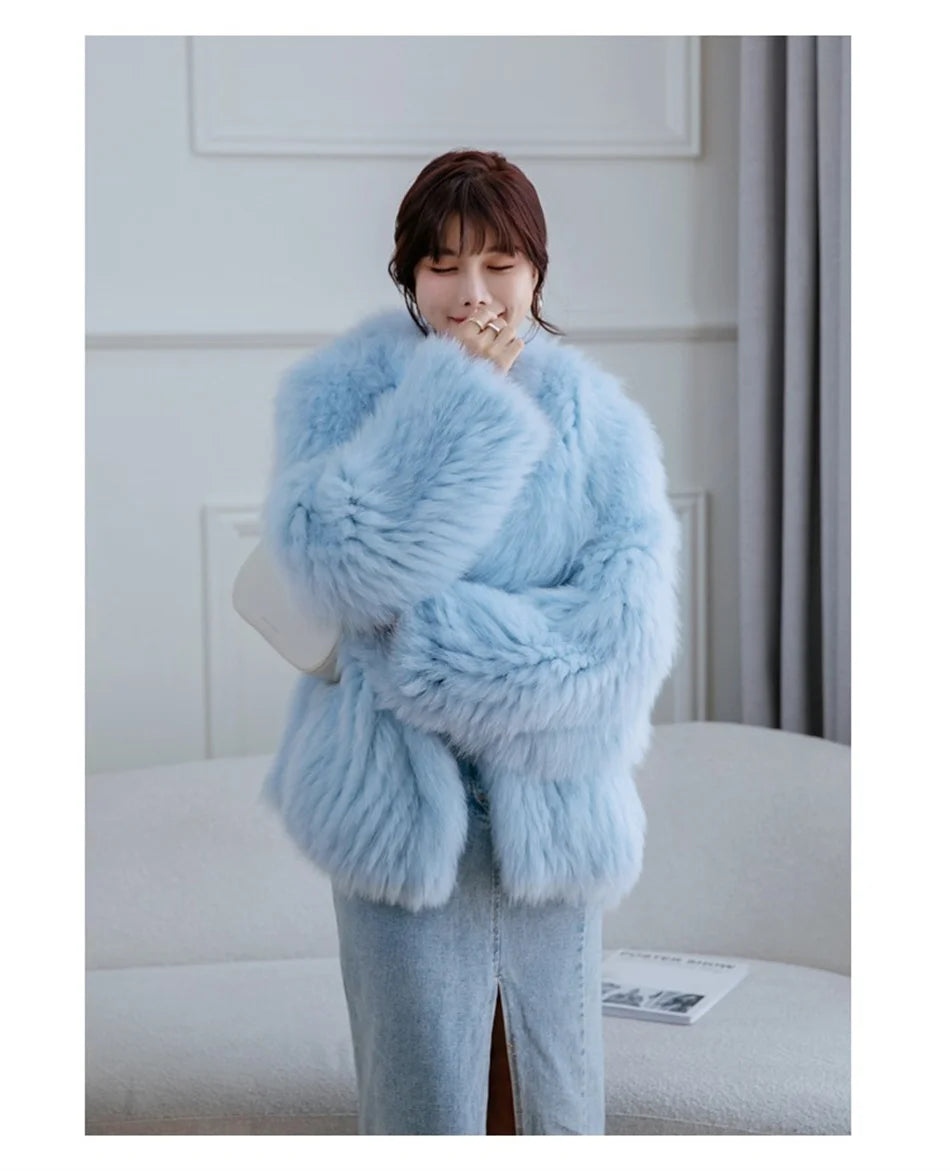 Fox Fur Coat Women's Winter Fashion Warm 100% Fox Fur Coat Hooded Long Sleeved Sweet Women's Luxury Designer Coat