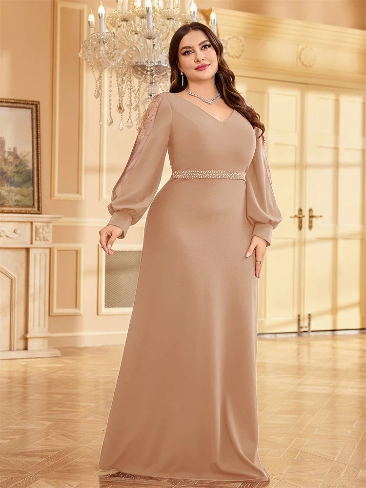 XUIBOL Plus Size Elegant Blue Applique Evening Dress 2026 Women Formal Maxi Prom Long Sleeves Party Dress Luxury Cocktail Prom