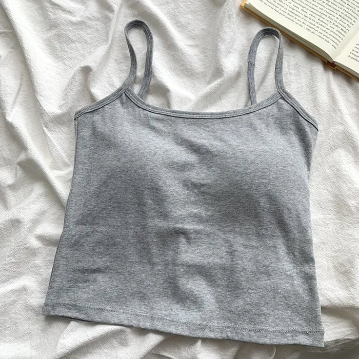 Women's Solid Color Spaghetti Straps Sleeveless Slim Camisole with Chest Pad Cotton Summer Wear Outside Female Short Tops Vests