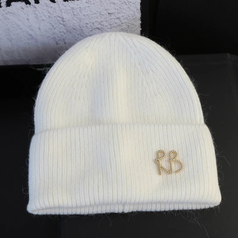 Letter Fluffy Angora Fur Beanies Winter Hat for Woman Luxury Fluffy Knited Hat Bonnet Lady Autumn Winter Warm Skullies Cap