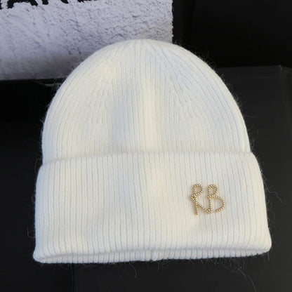 Letter Fluffy Angora Fur Beanies Winter Hat for Woman Luxury Fluffy Knited Hat Bonnet Lady Autumn Winter Warm Skullies Cap