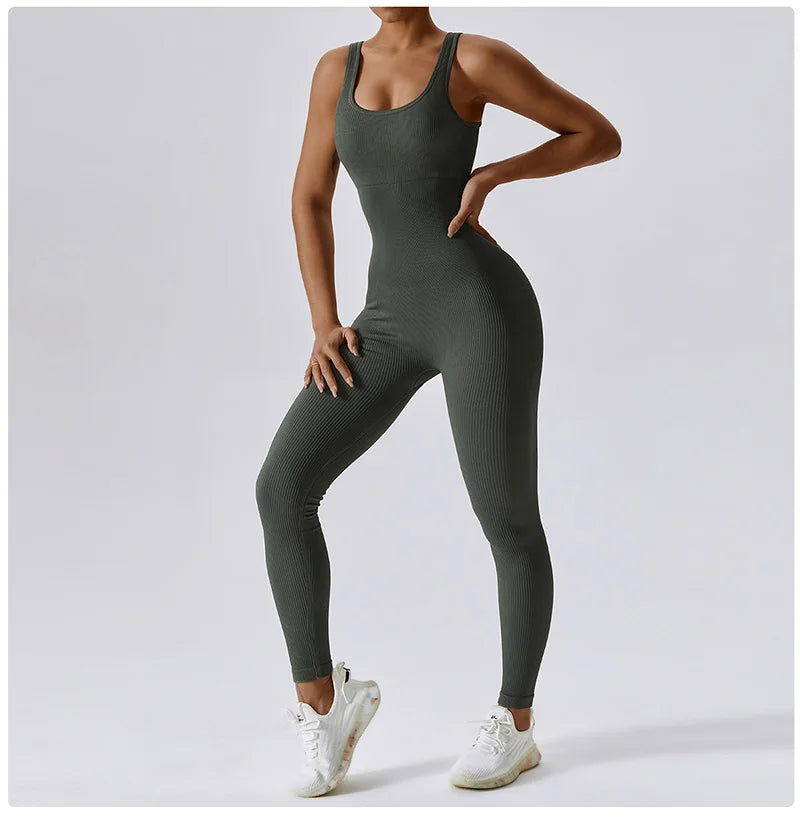 Yoga Jumpsuit Women's Yoga Set One-piece Sports Romper With Chest Pad Fitness Bodysuit Gym Seamless Ribbed Workout Sportswear