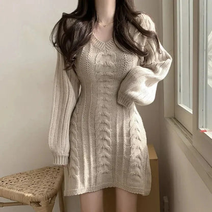 Korean Chic Autumn Gentle V-neck Linen Pattern Design Slimming Long Sleeve A- line Knitted Dress High Collar Ankle-length Dress