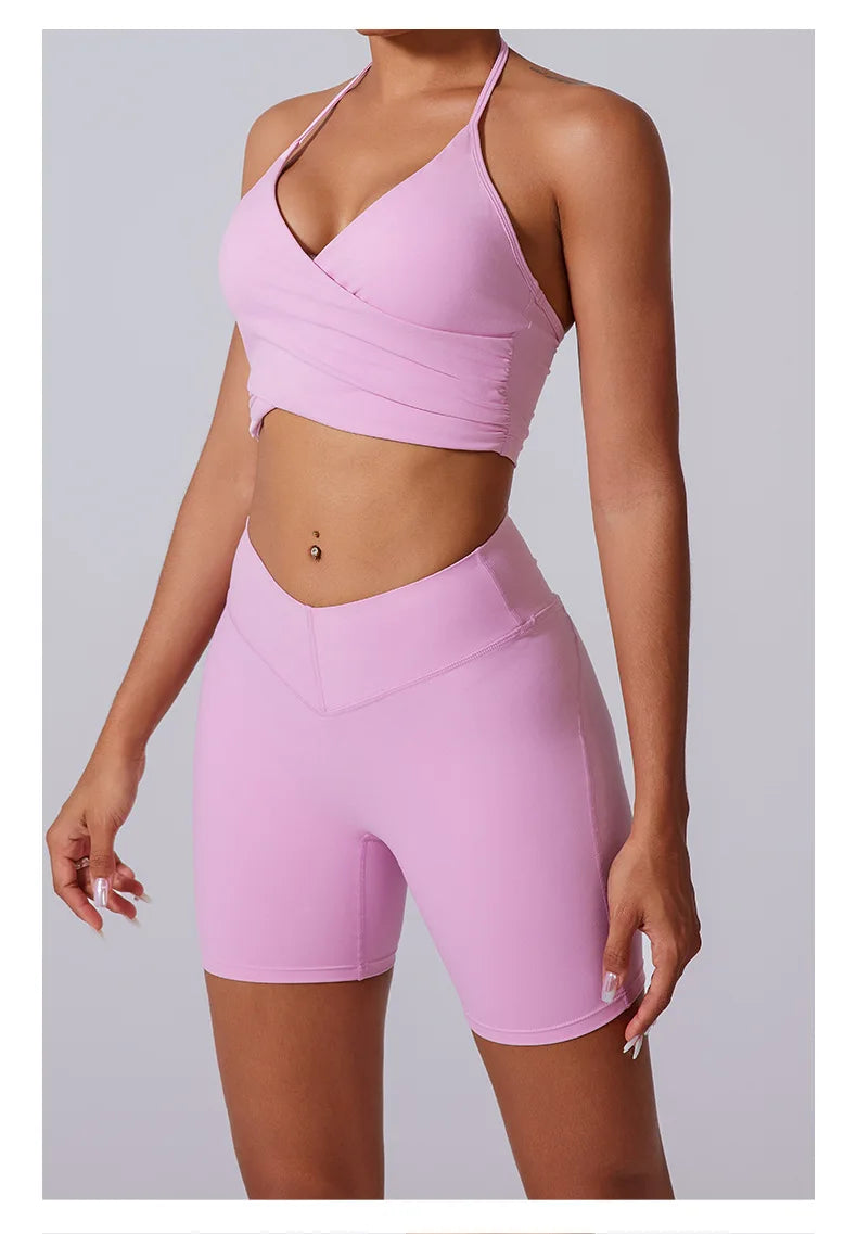 2 Pieces Wrap Front Gym Fitness Suit Women Long Sleeve Legging Workout Yoga Set Sports Bra Short Sports Clothes Tracksuit Female