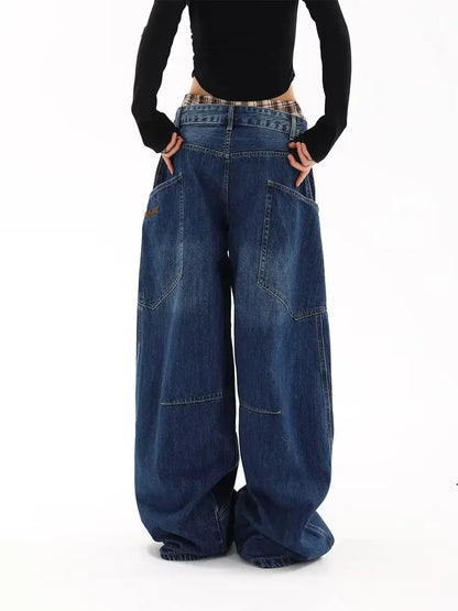 American Retro Knife Pocket Wide Leg Jeans Women's Spring Autumn Style Hot Girl High Street Design Loose Floor-Length Pants