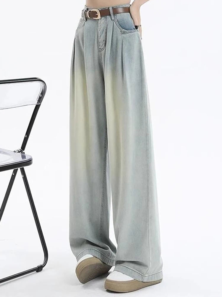 Woman High Waist Straight Leg Jeans Lady Loose Denim Wide Leg Pants Girls Korean Khaki Retro Blue Light Blue Gray White Trousers