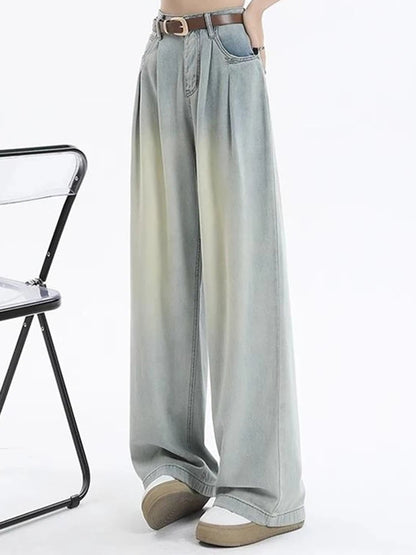 Woman High Waist Straight Leg Jeans Lady Loose Denim Wide Leg Pants Girls Korean Khaki Retro Blue Light Blue Gray White Trousers