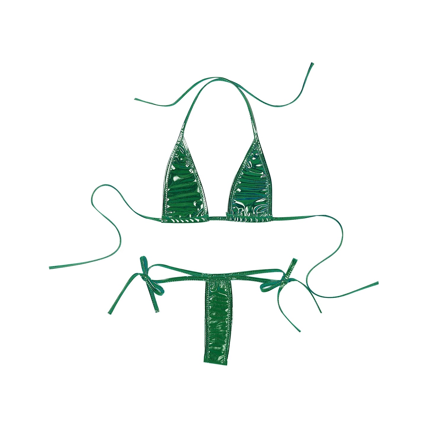 Womens Brazilian Micro Bikini Swimsuit Biquini Set Lacing Non-Padded Triangle Cup Bra Top with G-String Metallic Shiny Swimwear