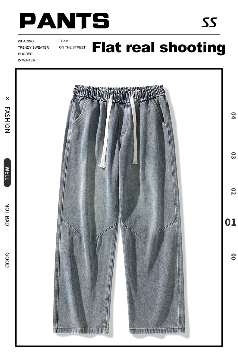 2025 Hip-hop Baggy Denim season elastic waist New Korean Men's Jeans American Loose Fit Wide-leg Straight Casual Trousers Street
