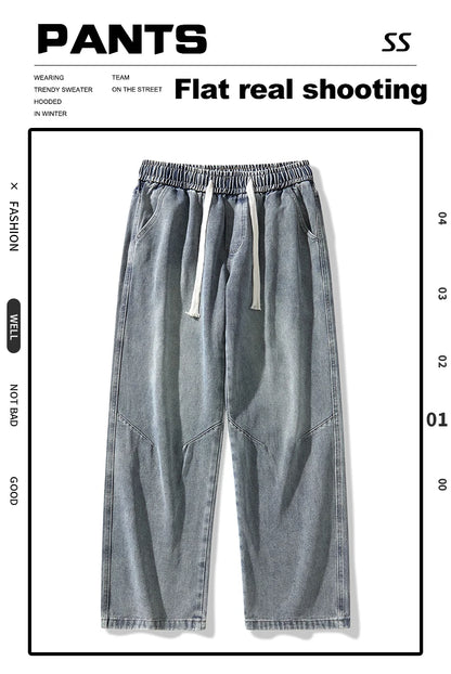 2025 Hip-hop Baggy Denim season elastic waist New Korean Men's Jeans American Loose Fit Wide-leg Straight Casual Trousers Street