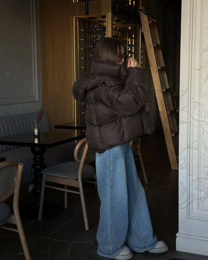 Women Brown Hooded Cotton Coat Fashion Lapel Full Sleeve Zipper Button Warm Loose Short Coats Lady Winter Casual Street Outwear