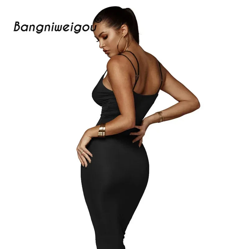 Sexy Night Club Backless Long Dress Yellow Women V Neck Spaghetti Strap Office Bandage Dress Classy Party Red Slim Dress Evening